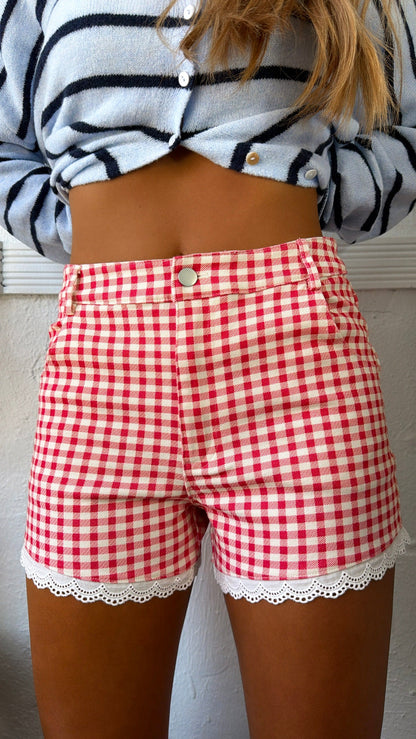 Little Gingham Denim Shorts, Cream/Red