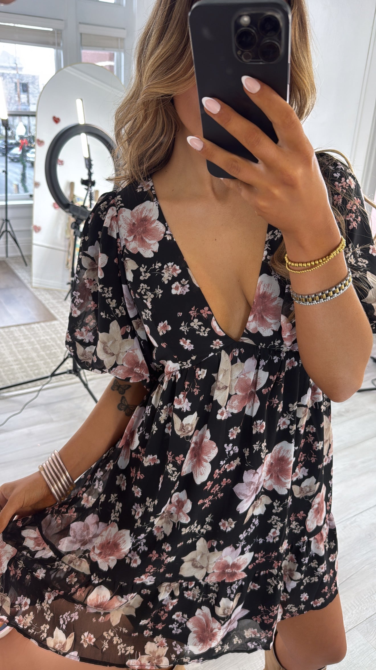 Della Dainty Floral Bubble Sleeve Mini Dress, Fall Black Multi