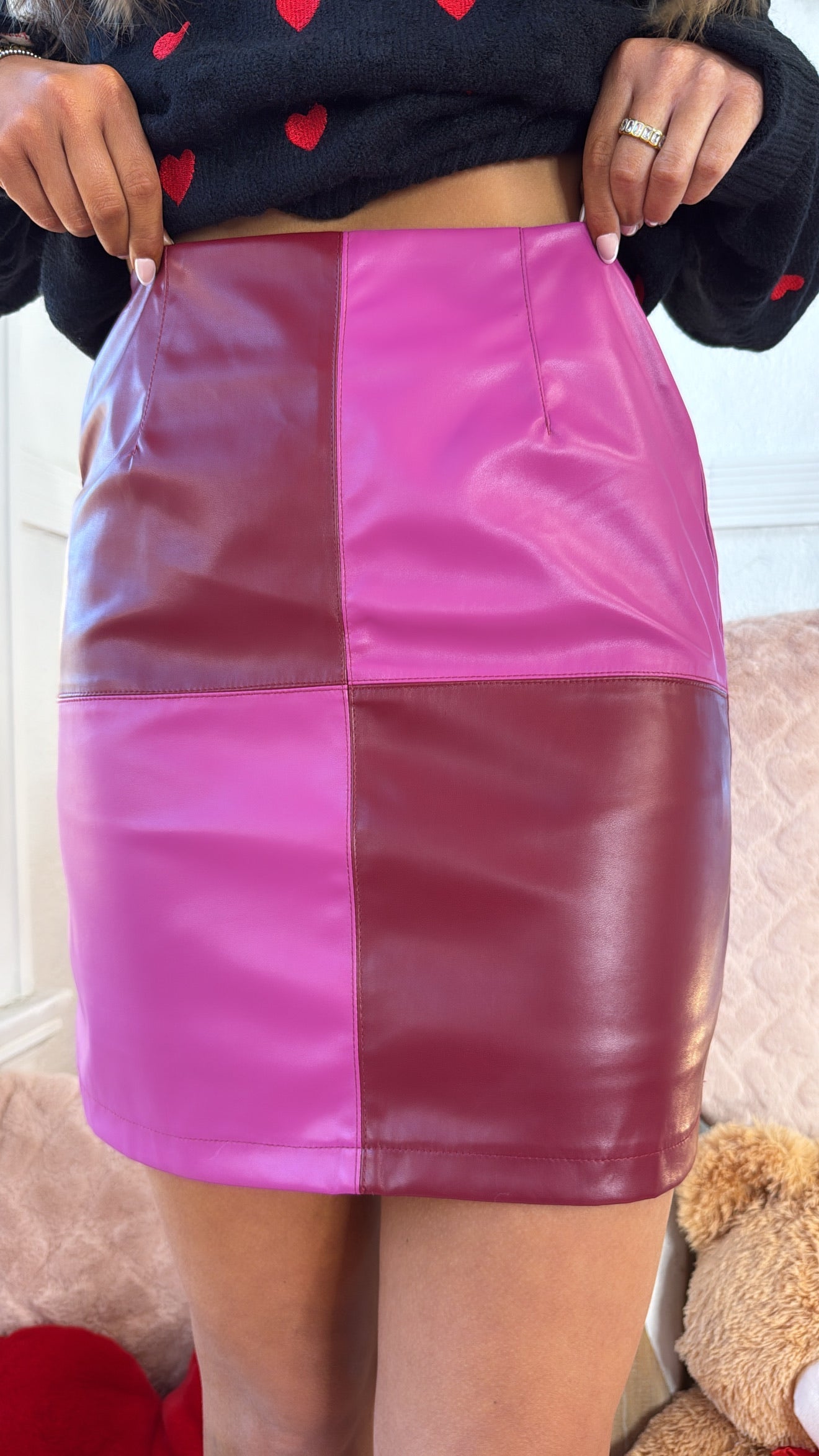Colorblock Squared Leather Skirt, Pink/Red