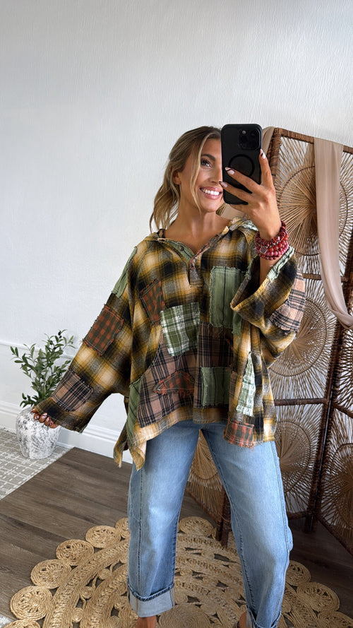 Mix It Up Patchwork Flannel Hooded Top
