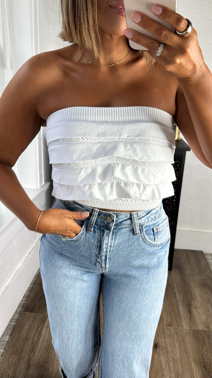Layered Ruffled Tube Top, White