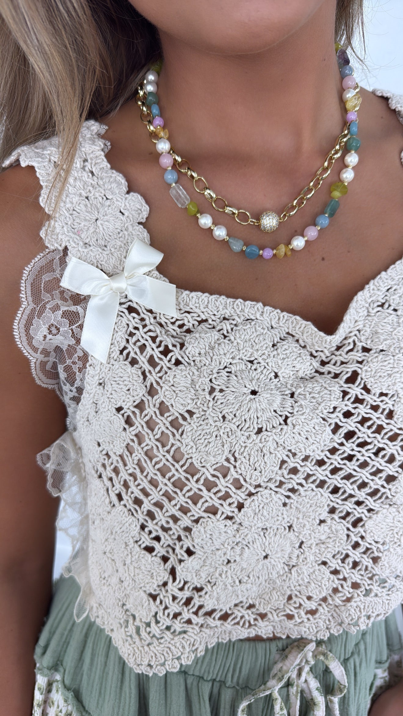 Falling For You Crochet Lace Bow Detail Top, Natural