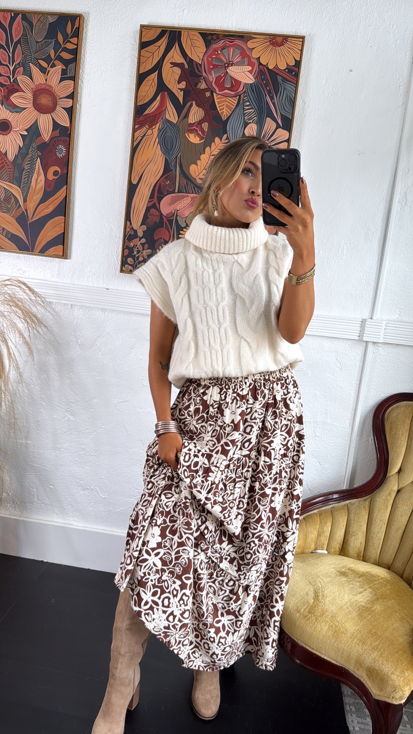 Picture Perfect Floral Tiered Midi Skirt, Brown