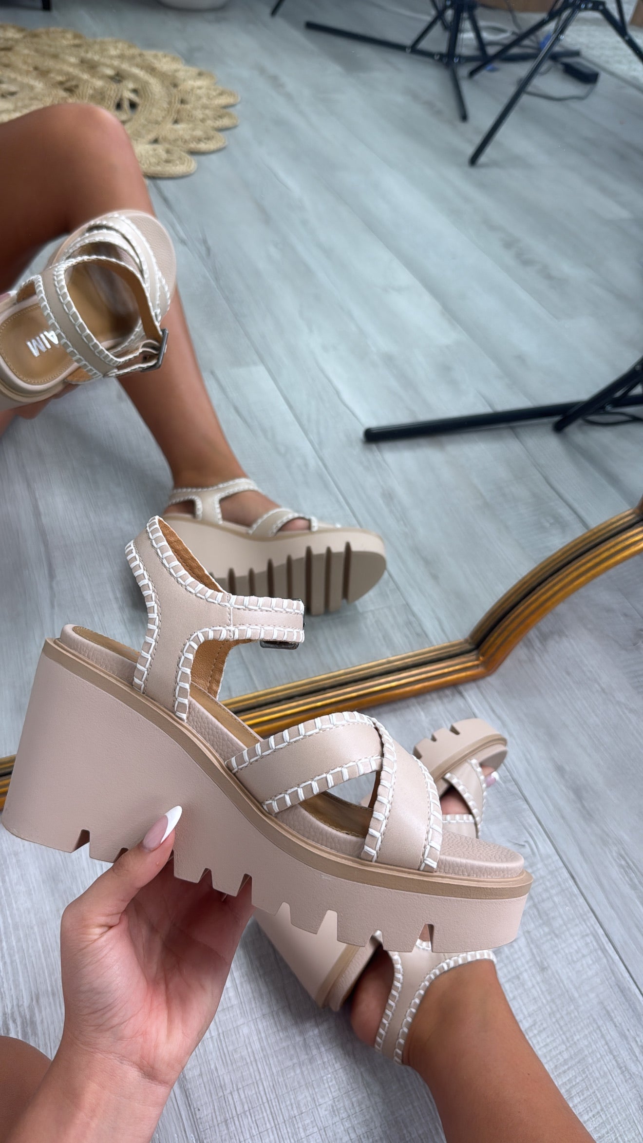 Embroidered Ankle Strap Wedge Sandal, Nude