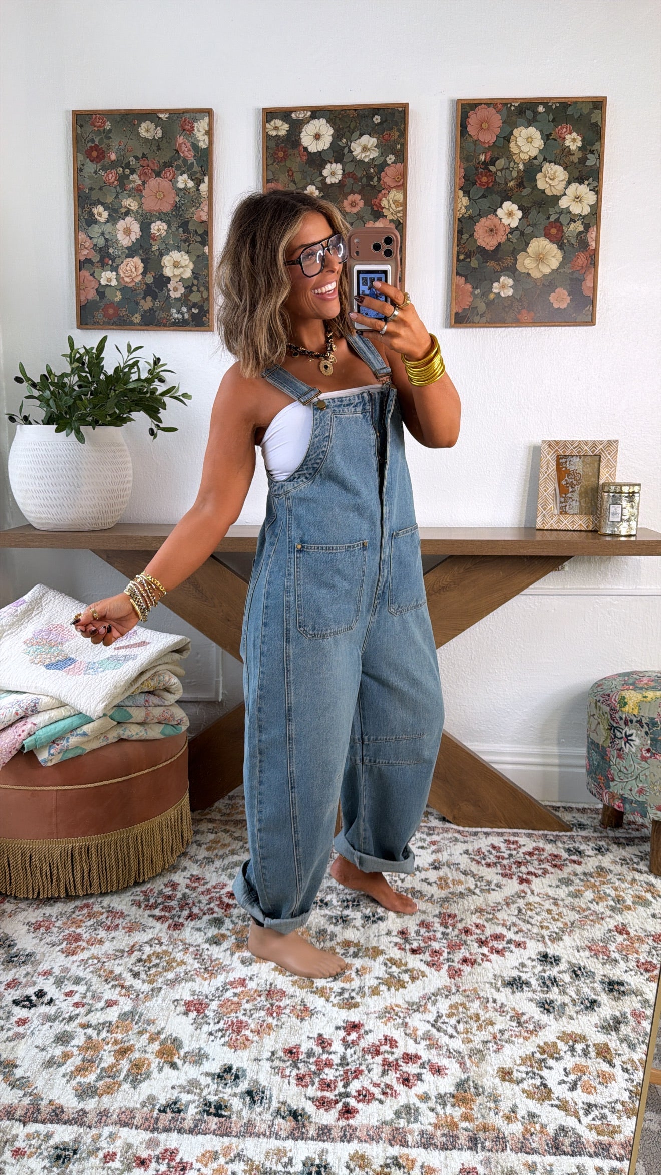 Bayberry Bloom Overalls, Denim