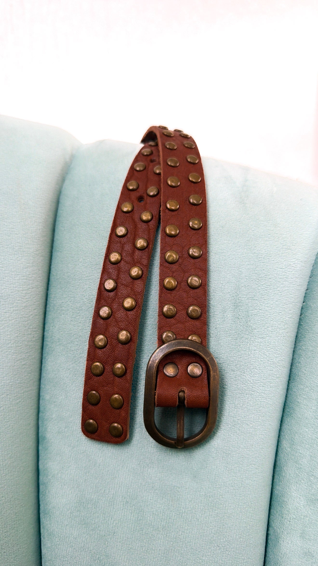 Narrow Leather Studded Belt, Lt. Brown