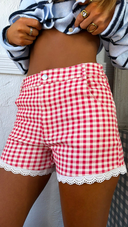Little Gingham Denim Shorts, Cream/Red