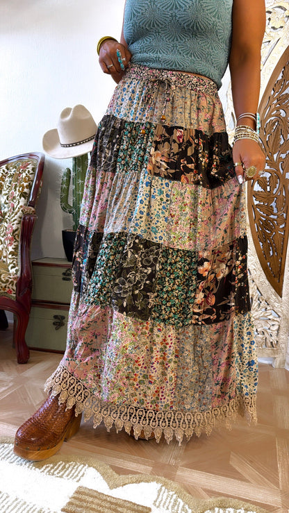 Cloverline Printed Tiered Midi Skirt, Latte