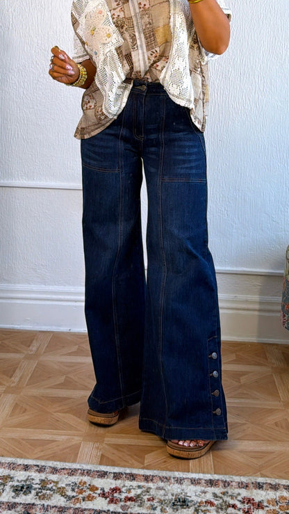 Kai Wide Leg Button Slit Denim, Dark