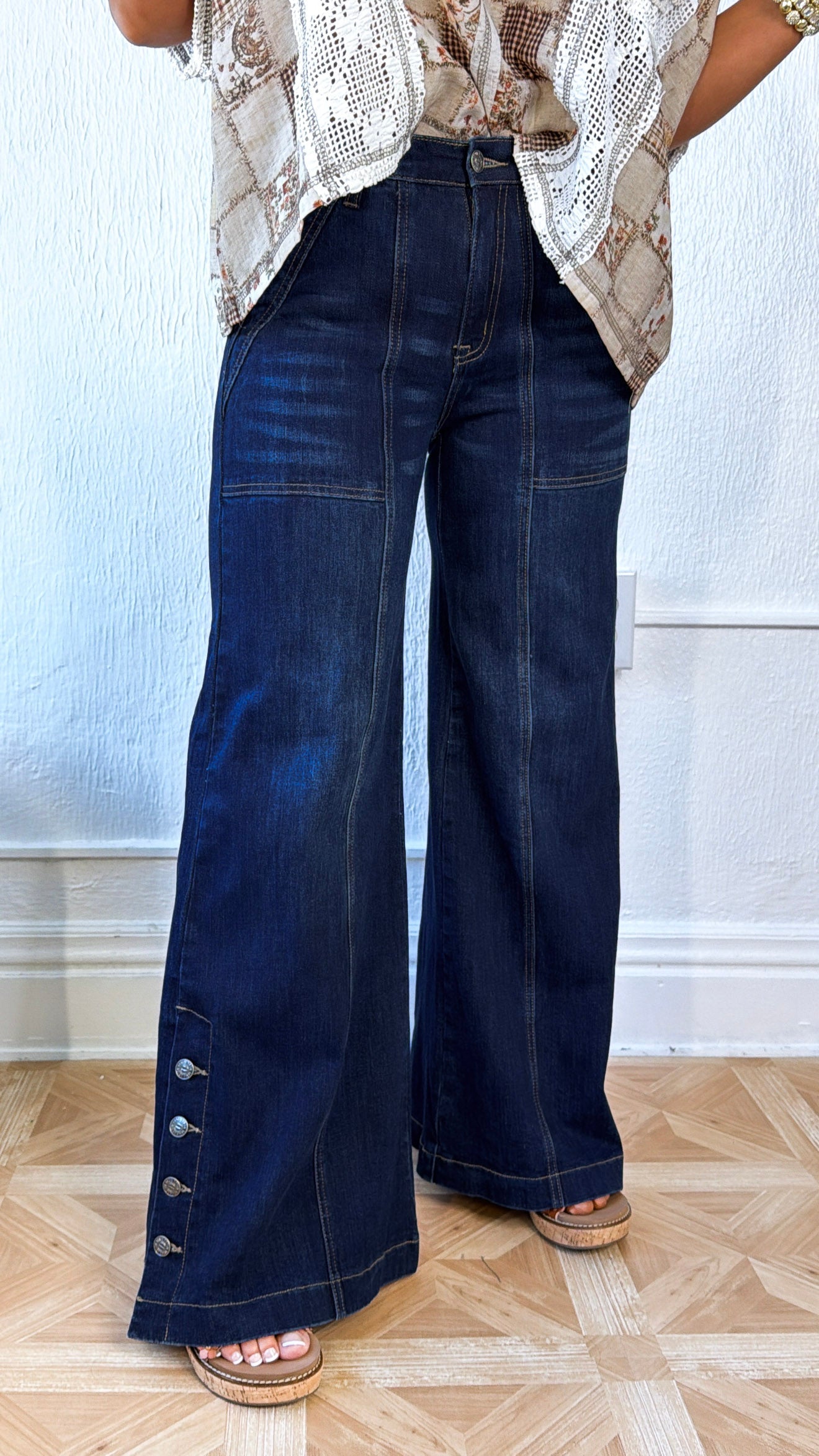 Kai Wide Leg Button Slit Denim, Dark