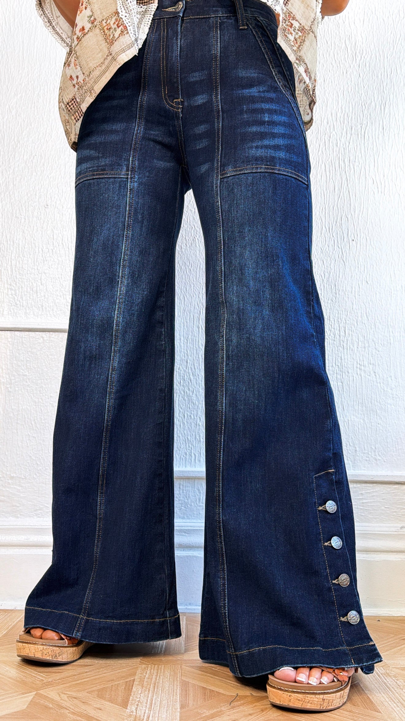 Kai Wide Leg Button Slit Denim, Dark