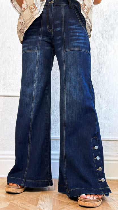 Kai Wide Leg Button Slit Denim, Dark