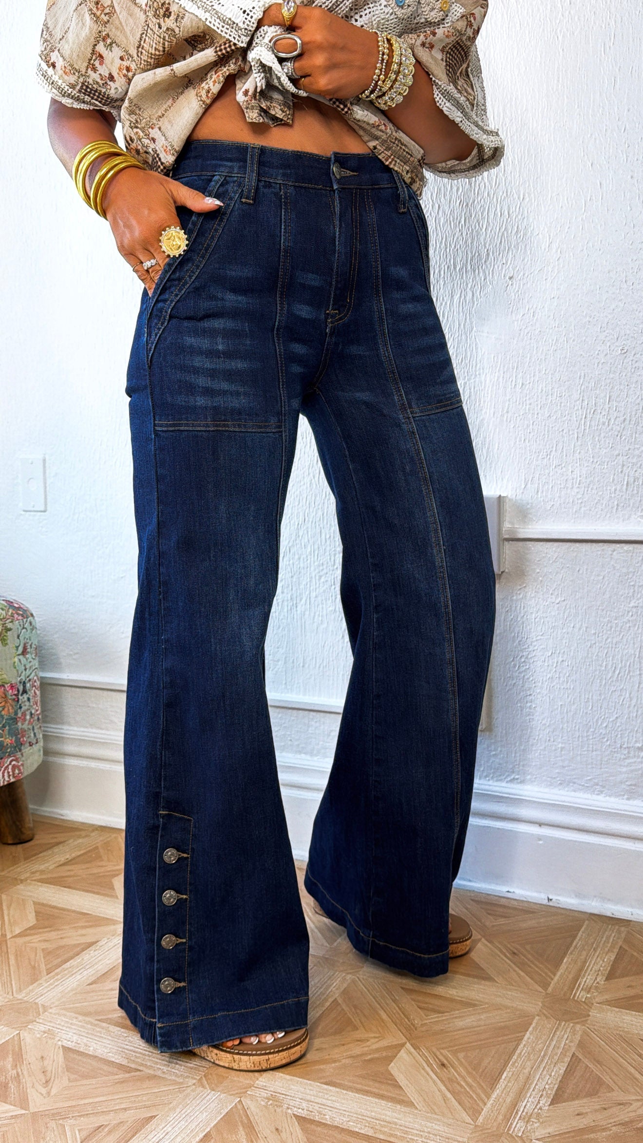 Kai Wide Leg Button Slit Denim, Dark