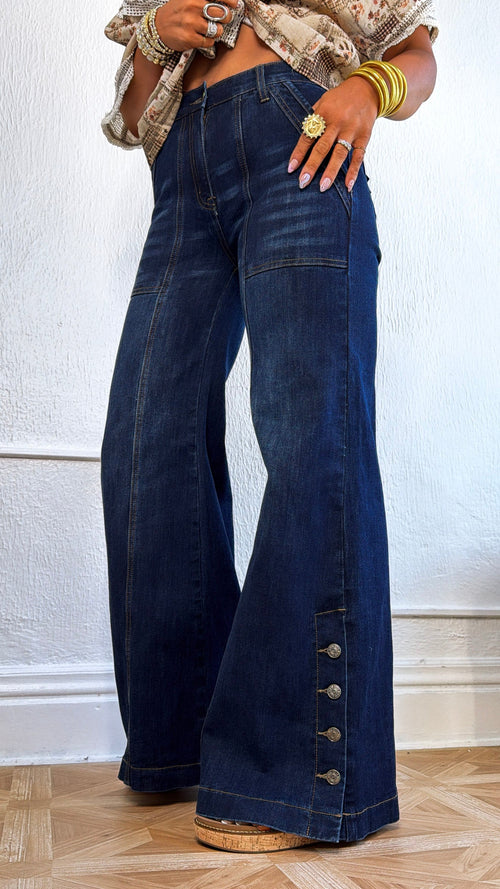 Kai Wide Leg Button Slit Denim, Dark