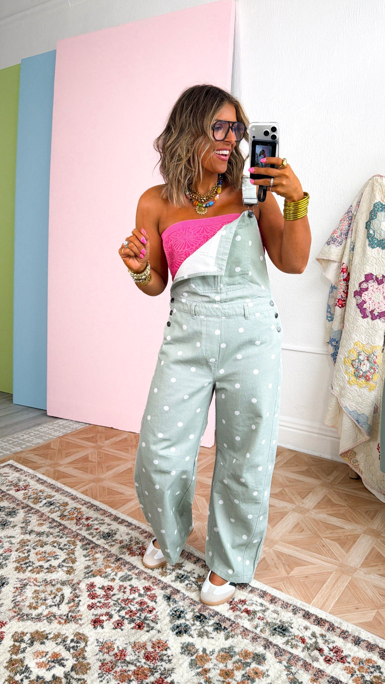 Amore Polka Dot Overalls, Sage/Ivory