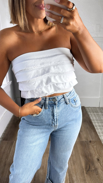 Layered Ruffled Tube Top, White