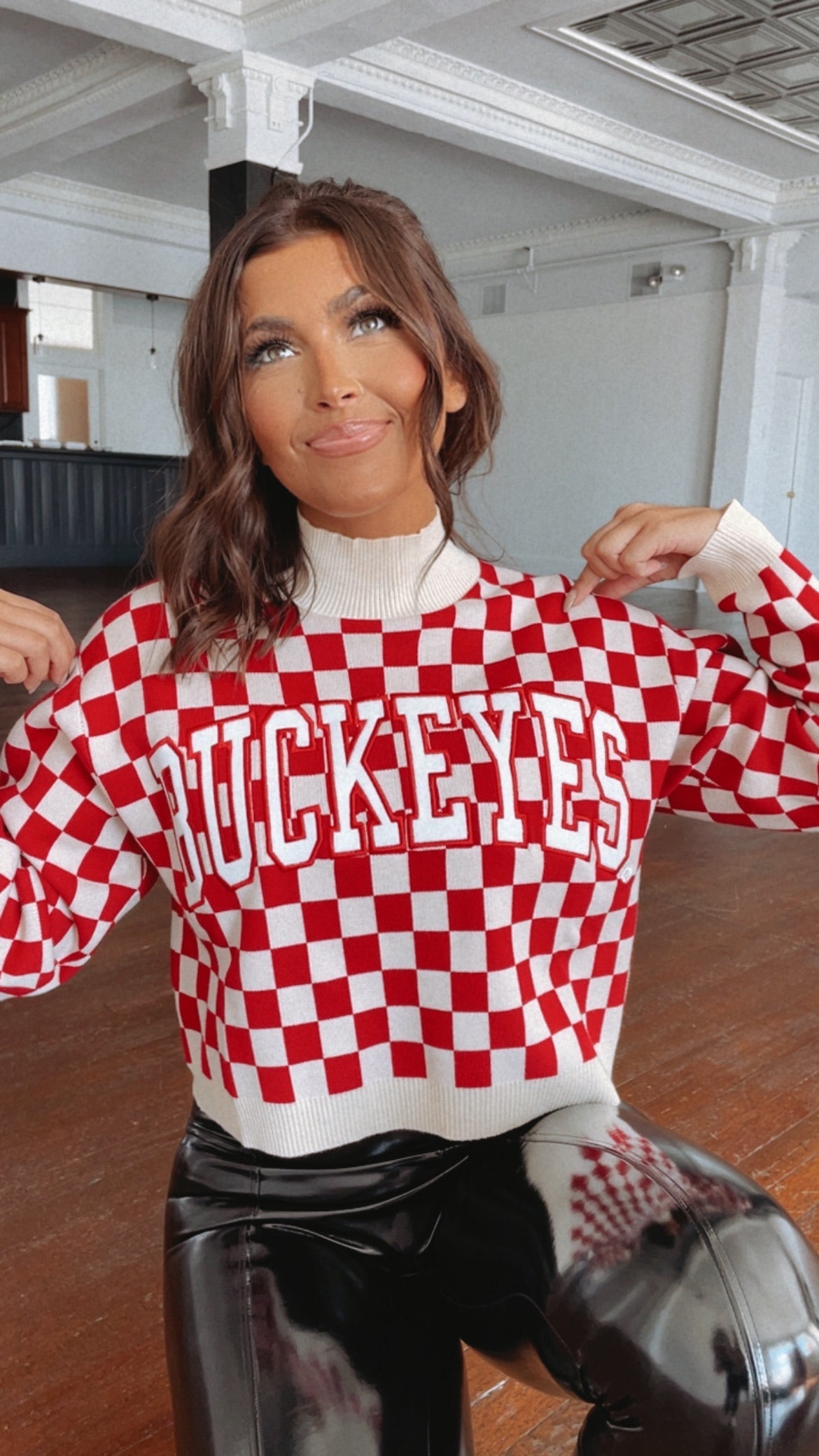 Ohio Checkered Mock Neck Sweater, Red