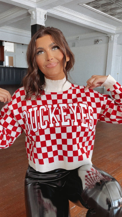 Ohio Checkered Mock Neck Sweater, Red