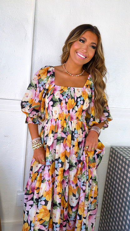 Havana Bloom Smocked Dress, Black Multi