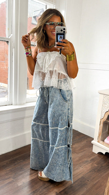 Embroidered Vine Pants, Denim