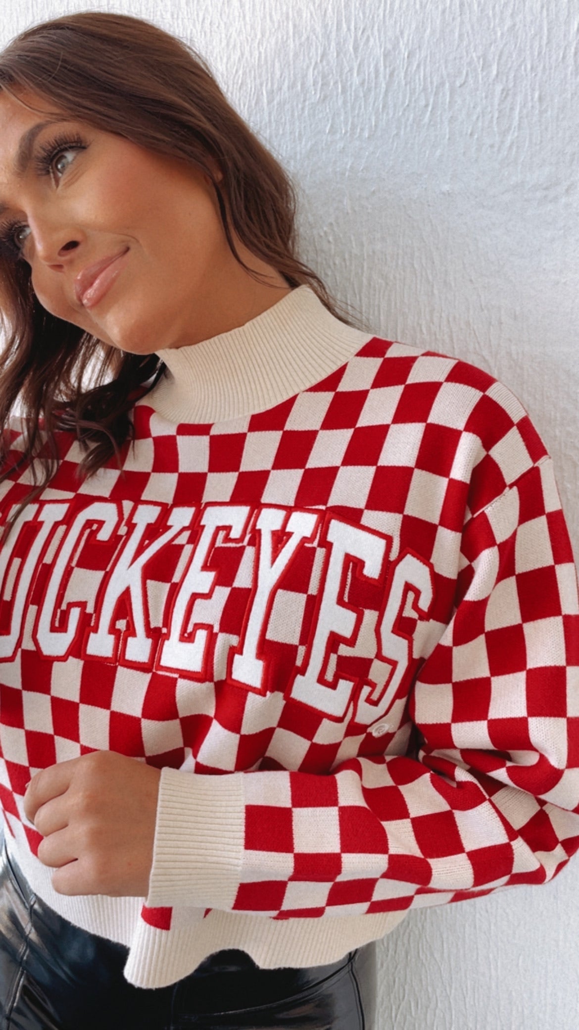 Ohio Checkered Mock Neck Sweater, Red