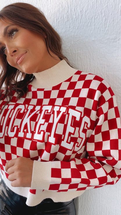 Ohio Checkered Mock Neck Sweater, Red