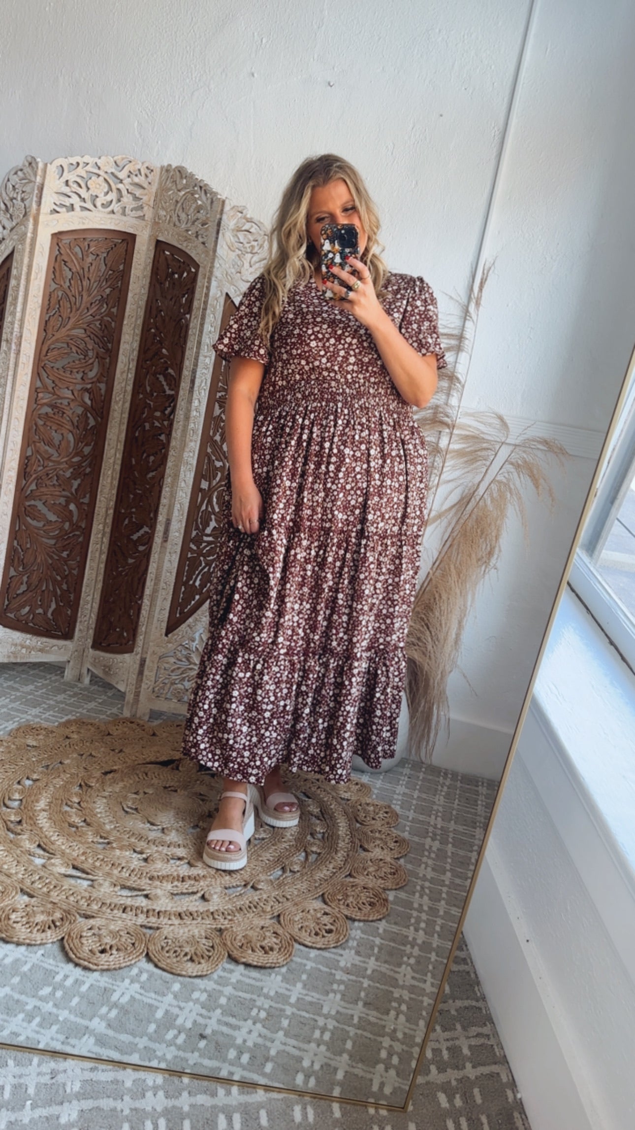 ECB Exclusive: Many Moments Floral Maxi Dress, Wine