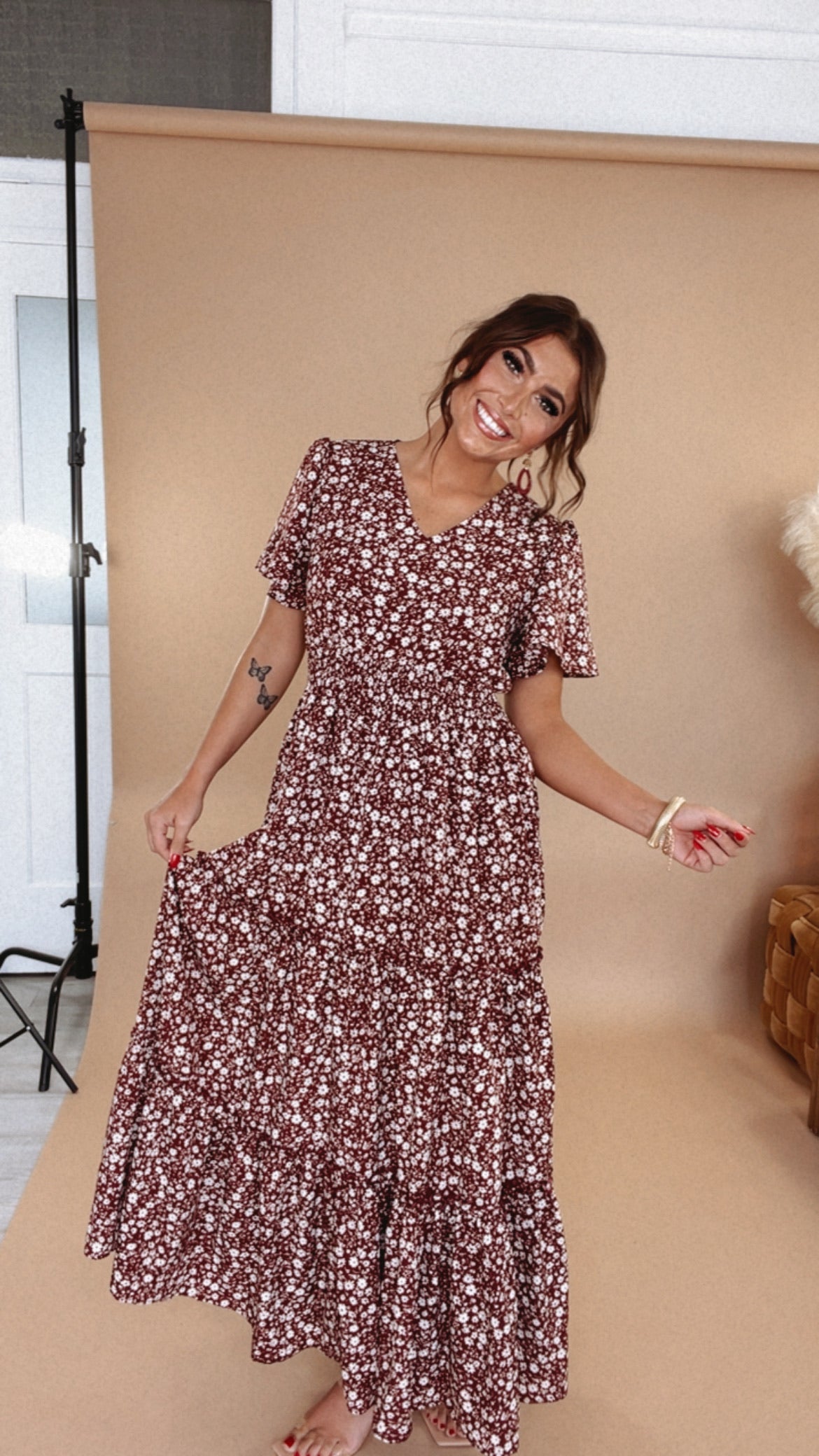 ECB Exclusive: Many Moments Floral Maxi Dress, Wine