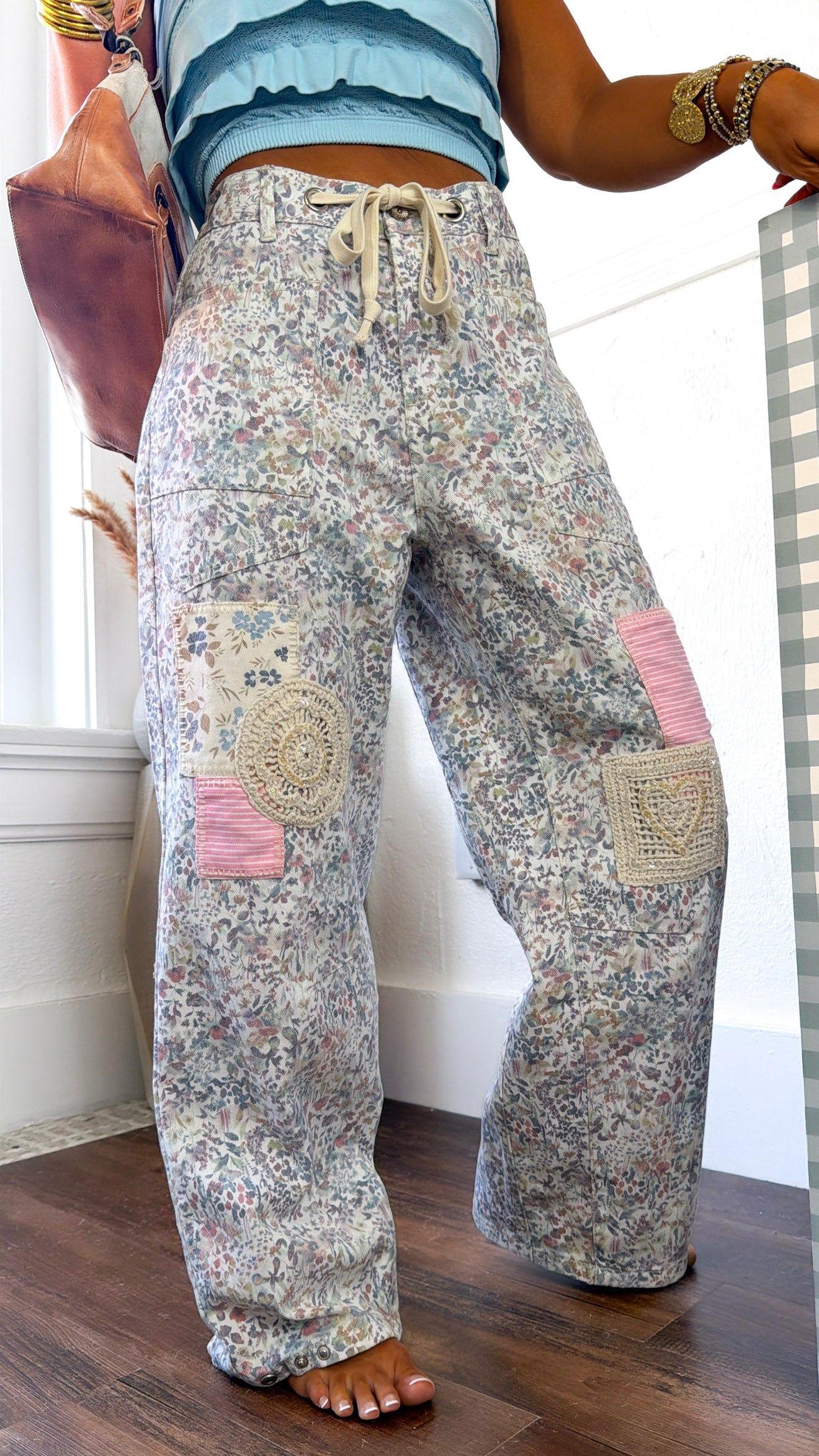 Denim Skies Striped Pants, Floral Multi