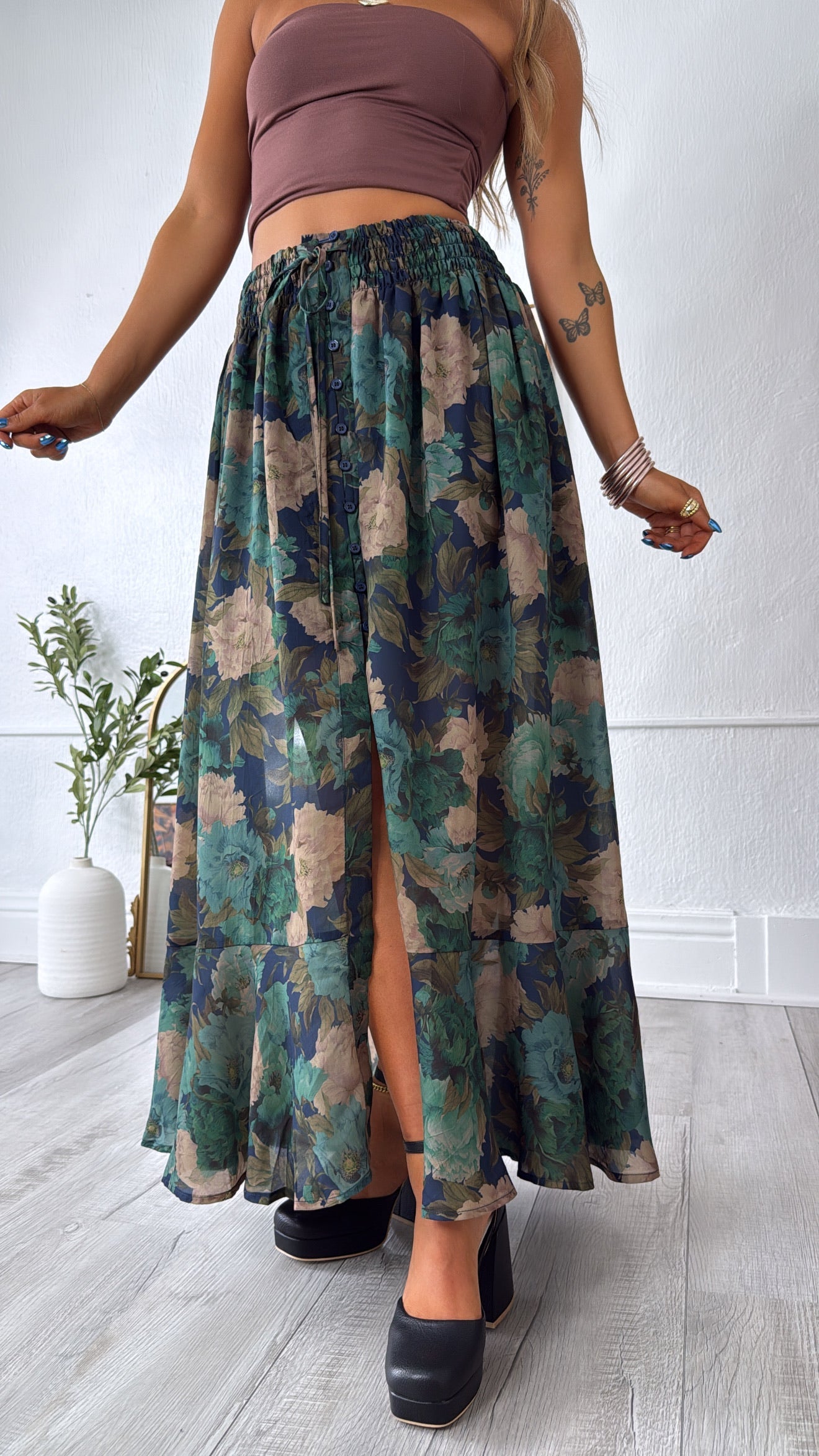 Florence Floral Skirt, Retro Blue