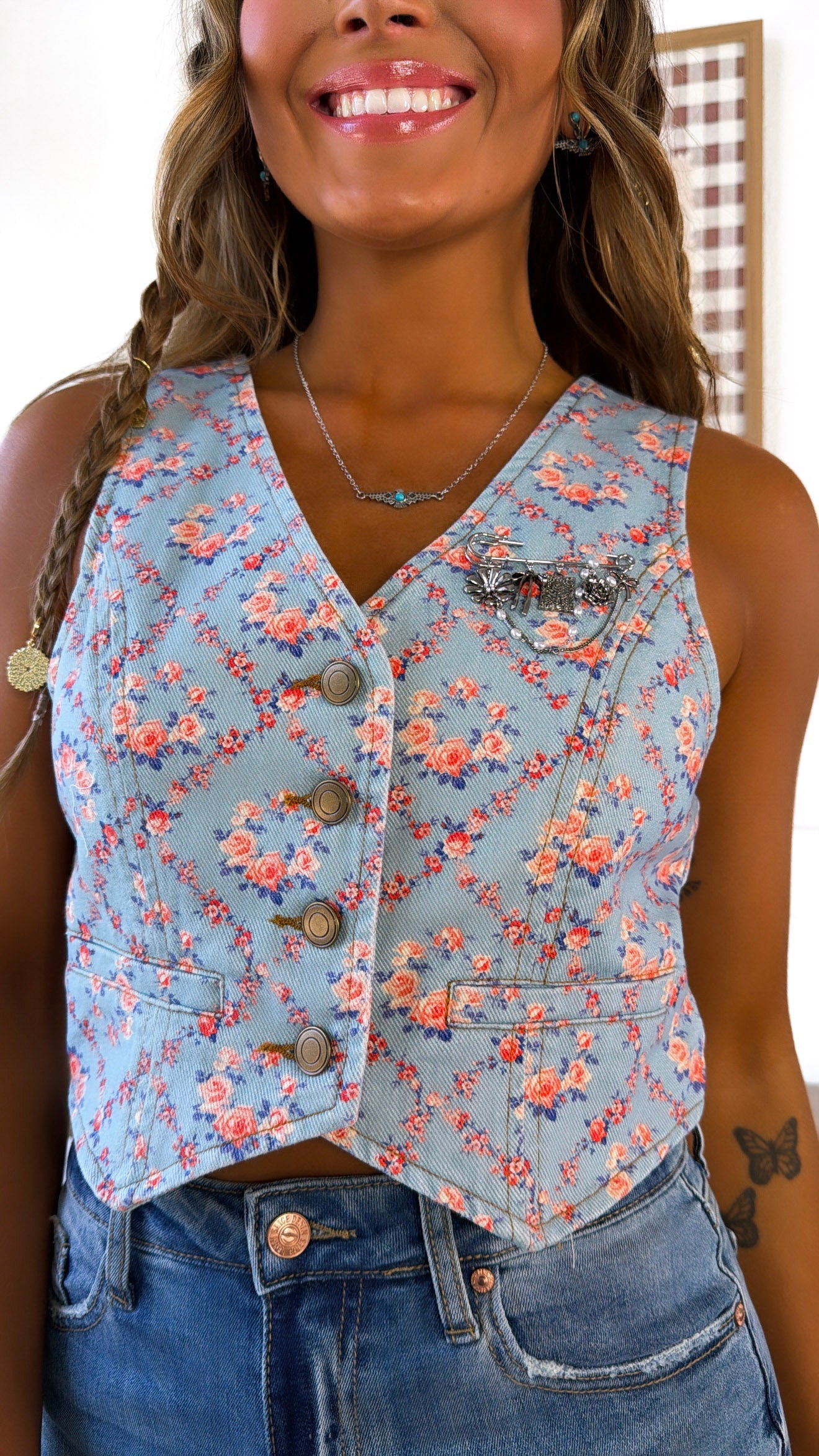 Dusty Florals Denim Vest, Blue/ Coral