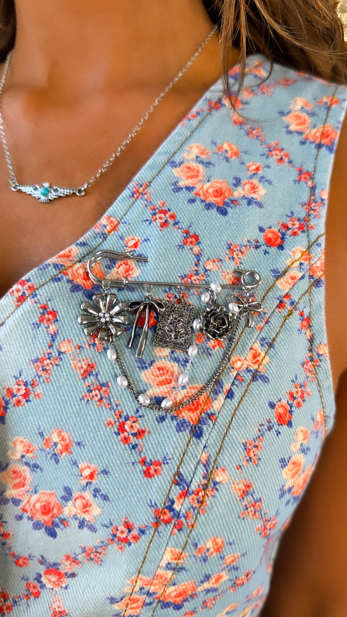 Dusty Florals Denim Vest, Blue/ Coral