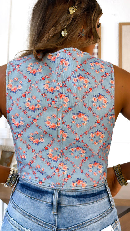 Dusty Florals Denim Vest, Blue/ Coral