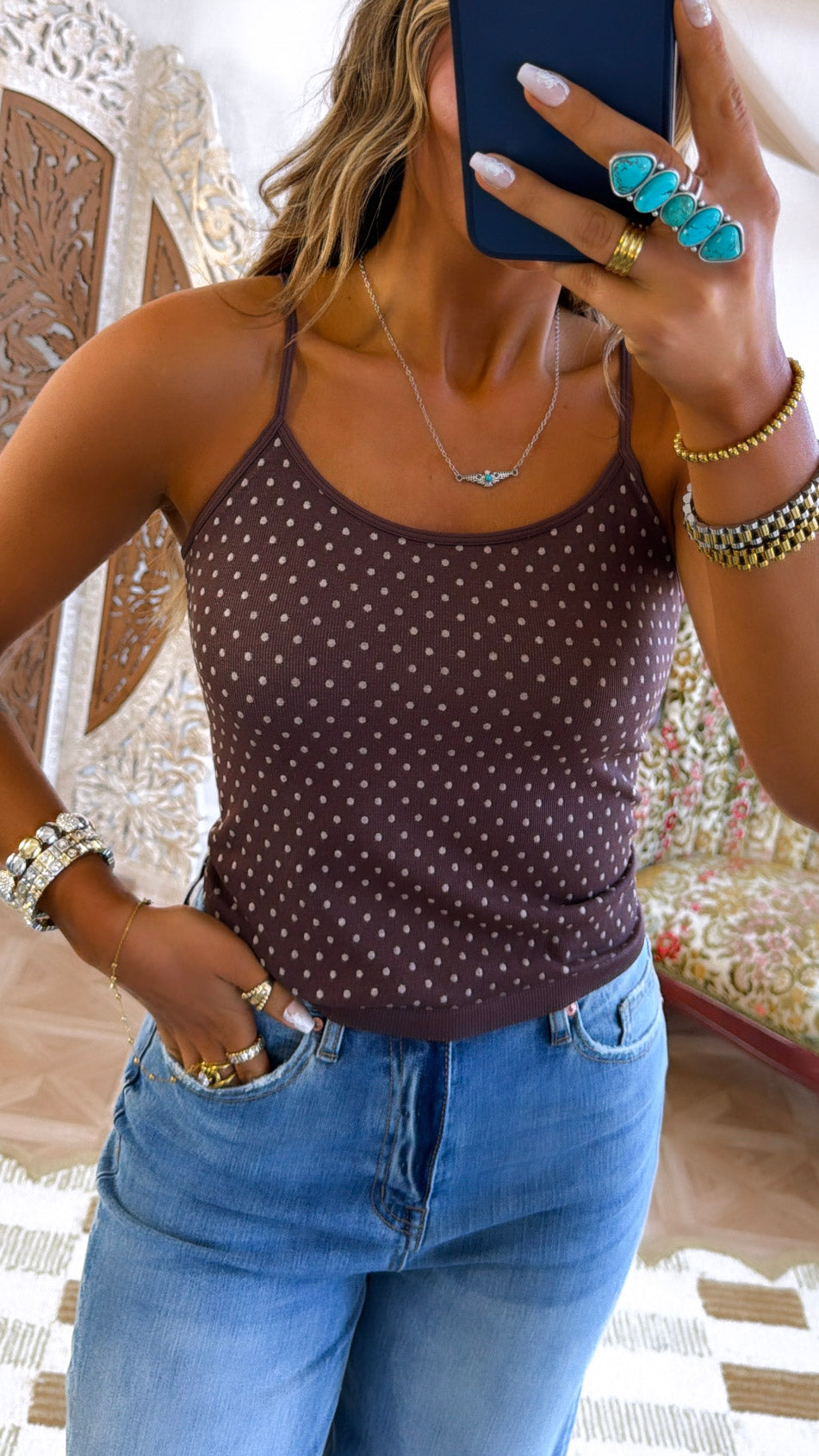 Polka Dot Strap Cami, French Roast