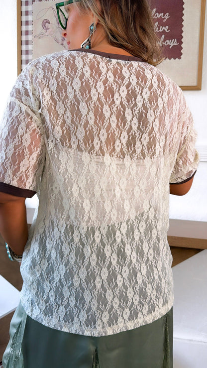 Lace Long Horn Graphic Top, Bone