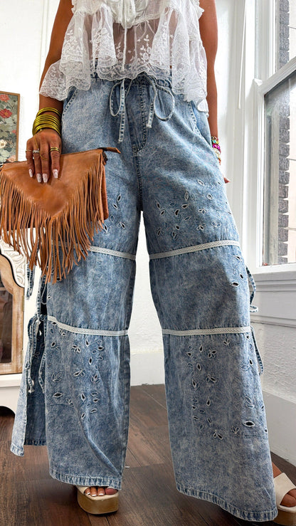Embroidered Vine Pants, Denim