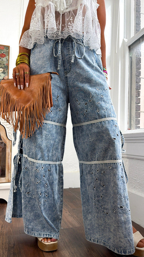Embroidered Vine Pants, Denim