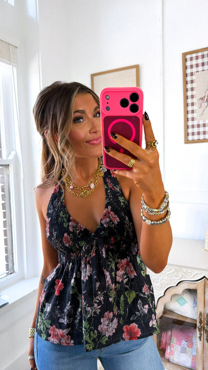 Mayari Floral Halter Top, Black
