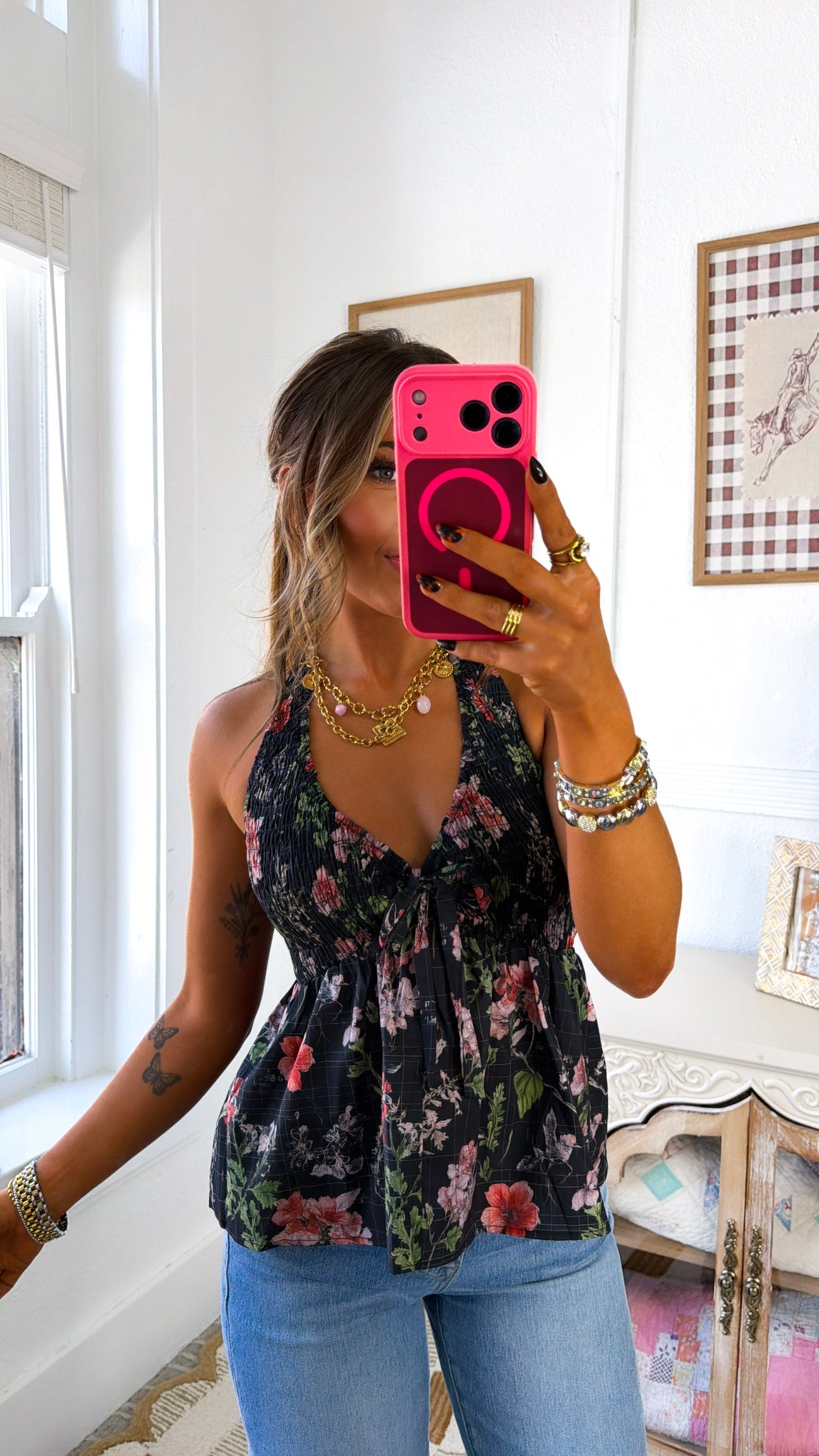 Mayari Floral Halter Top, Black