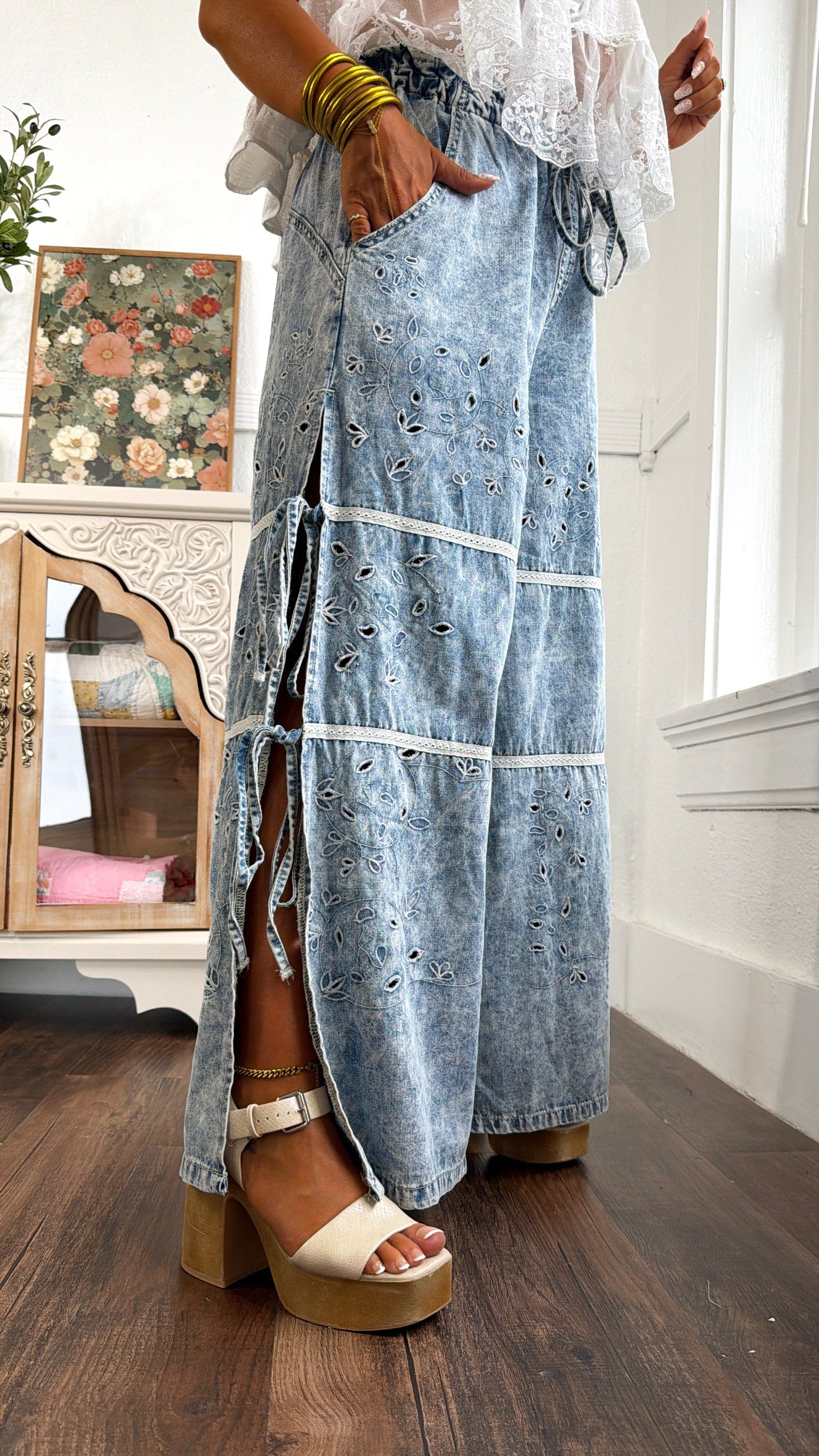 Embroidered Vine Pants, Denim