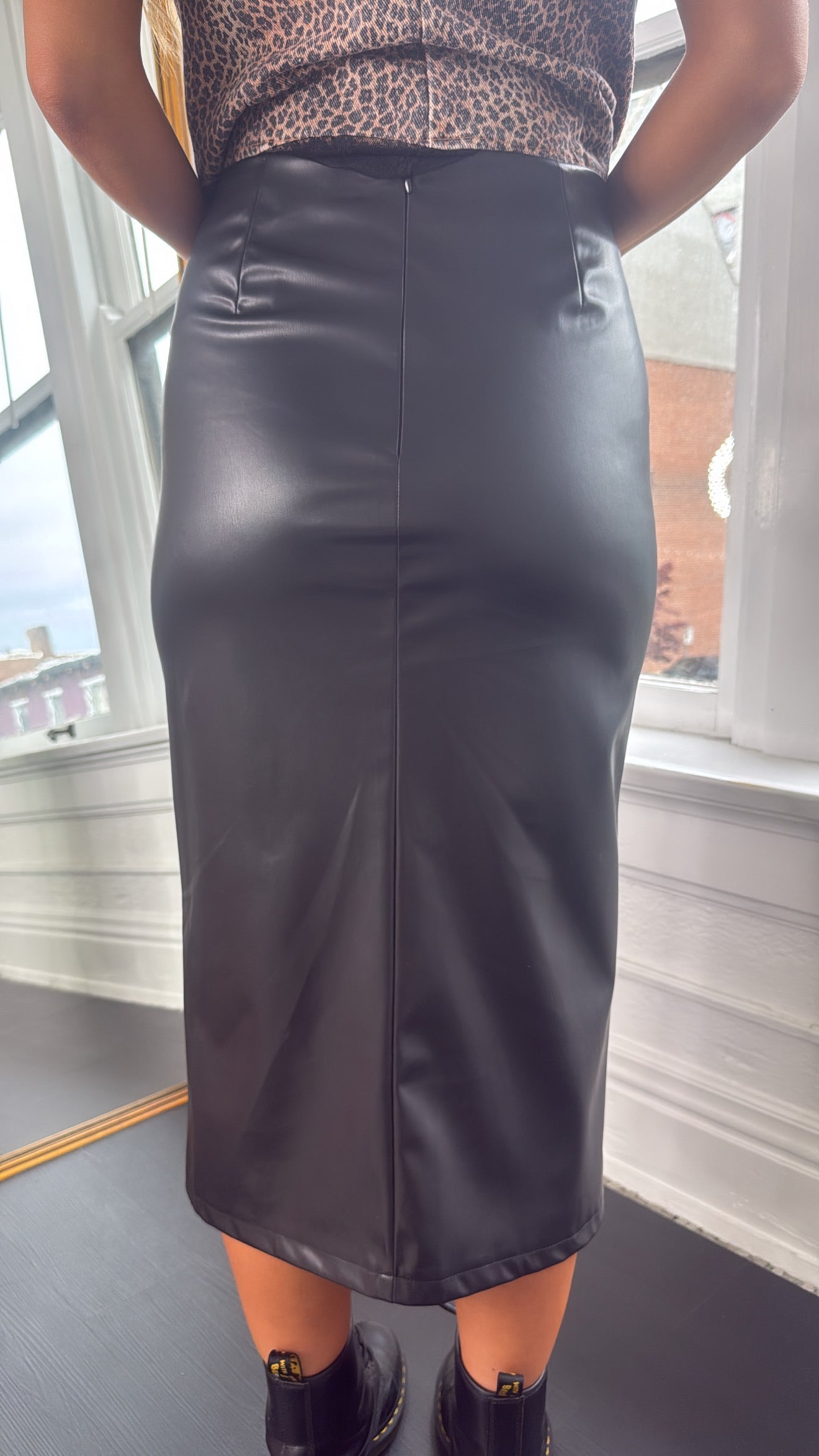 Fancy That Faux Leather Ruched Midi Skirt, Black