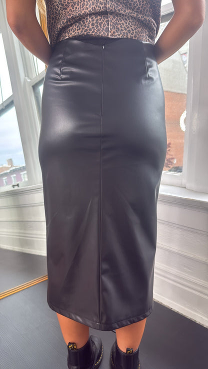 Fancy That Faux Leather Ruched Midi Skirt, Black