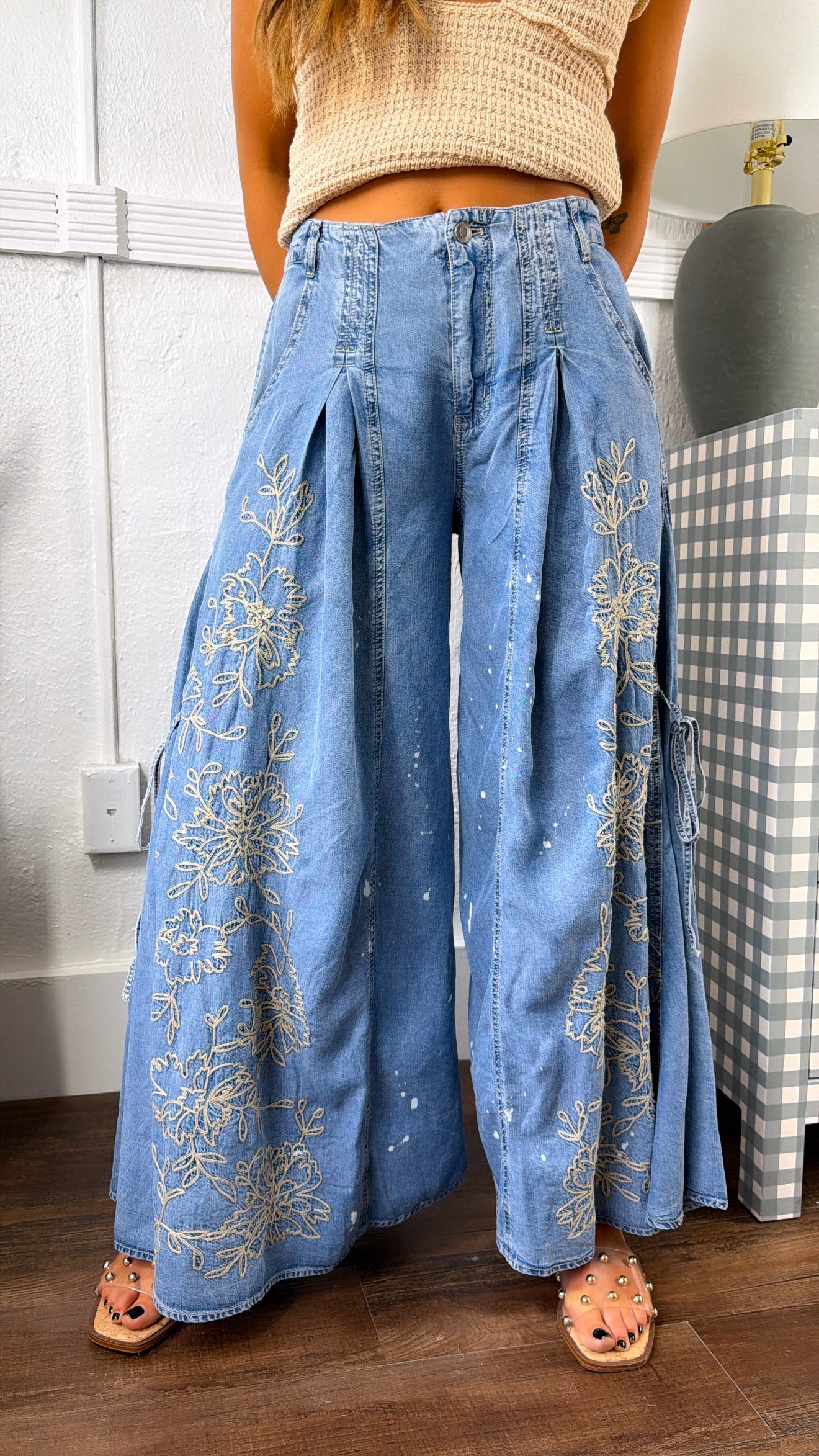 Floral Detail Wide Leg Pants, Denim