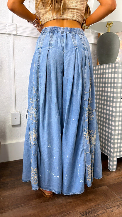 Floral Detail Wide Leg Pants, Denim