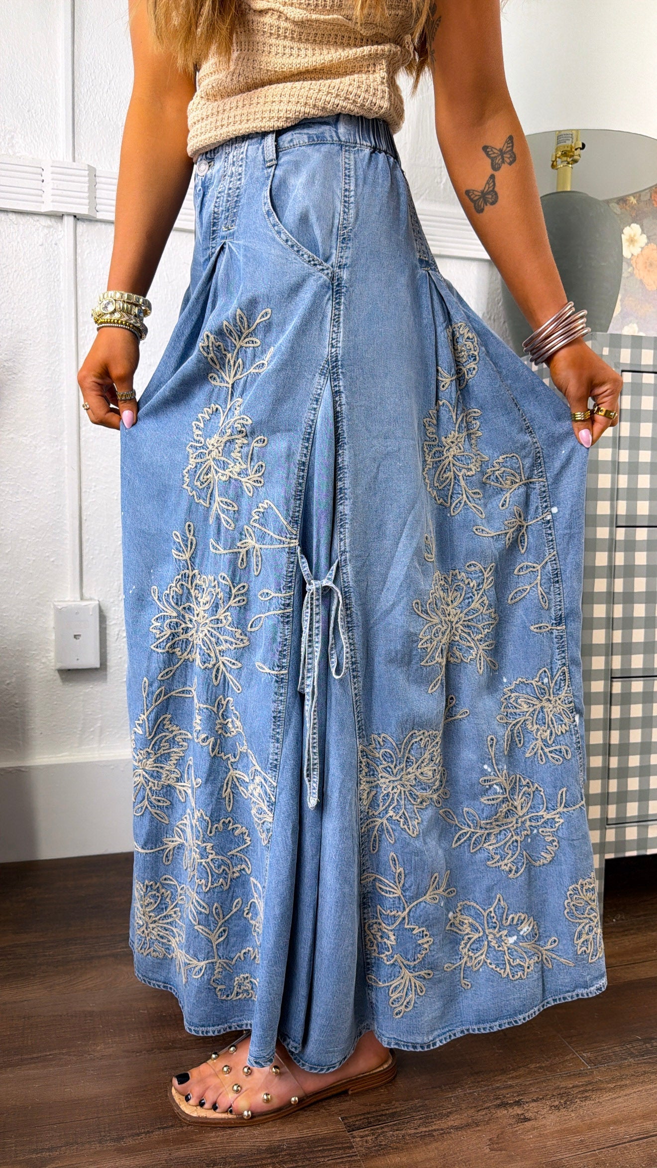 Floral Detail Wide Leg Pants, Denim