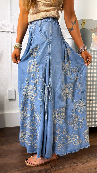 Floral Detail Wide Leg Pants, Denim
