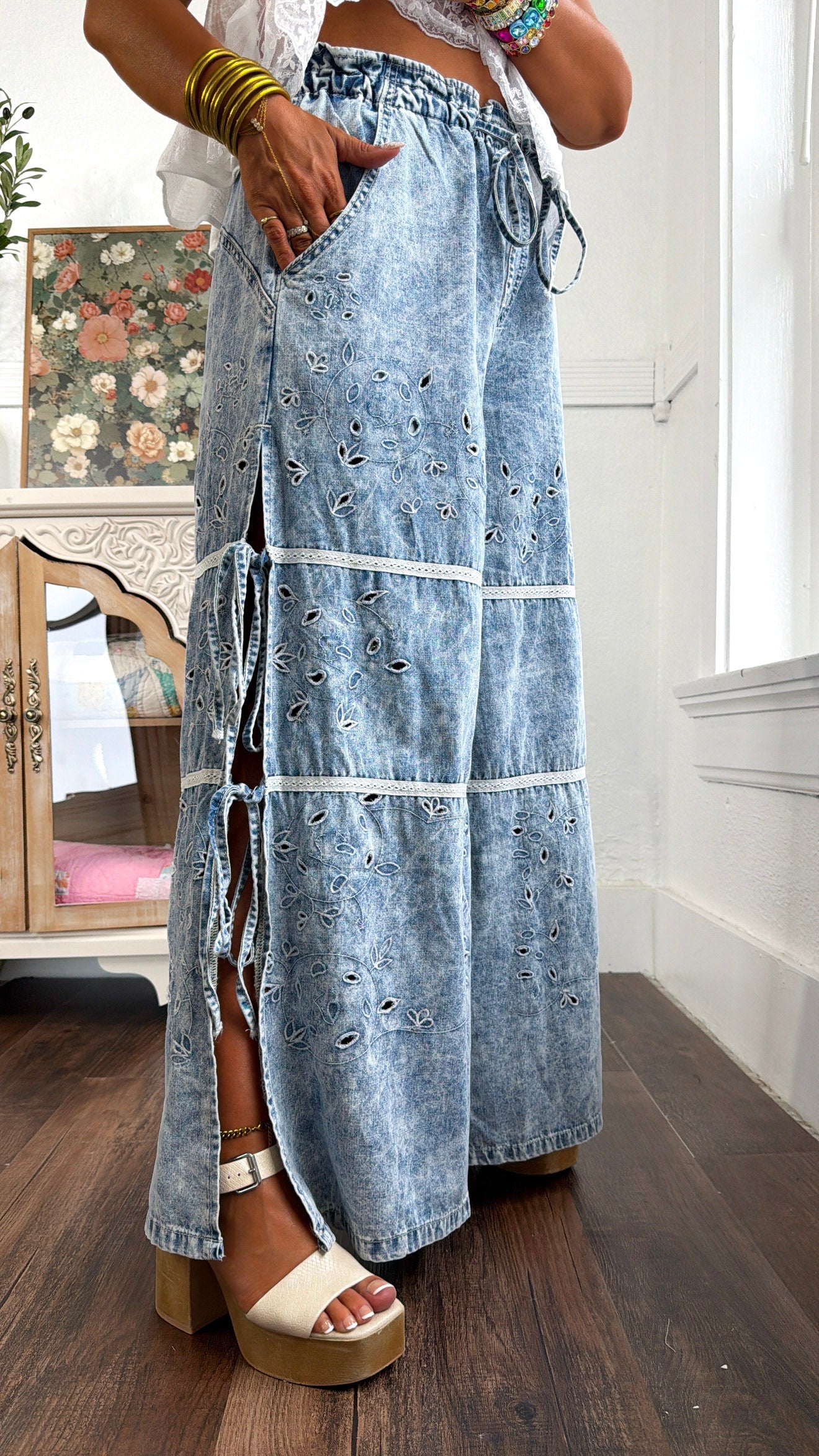 Embroidered Vine Pants, Denim