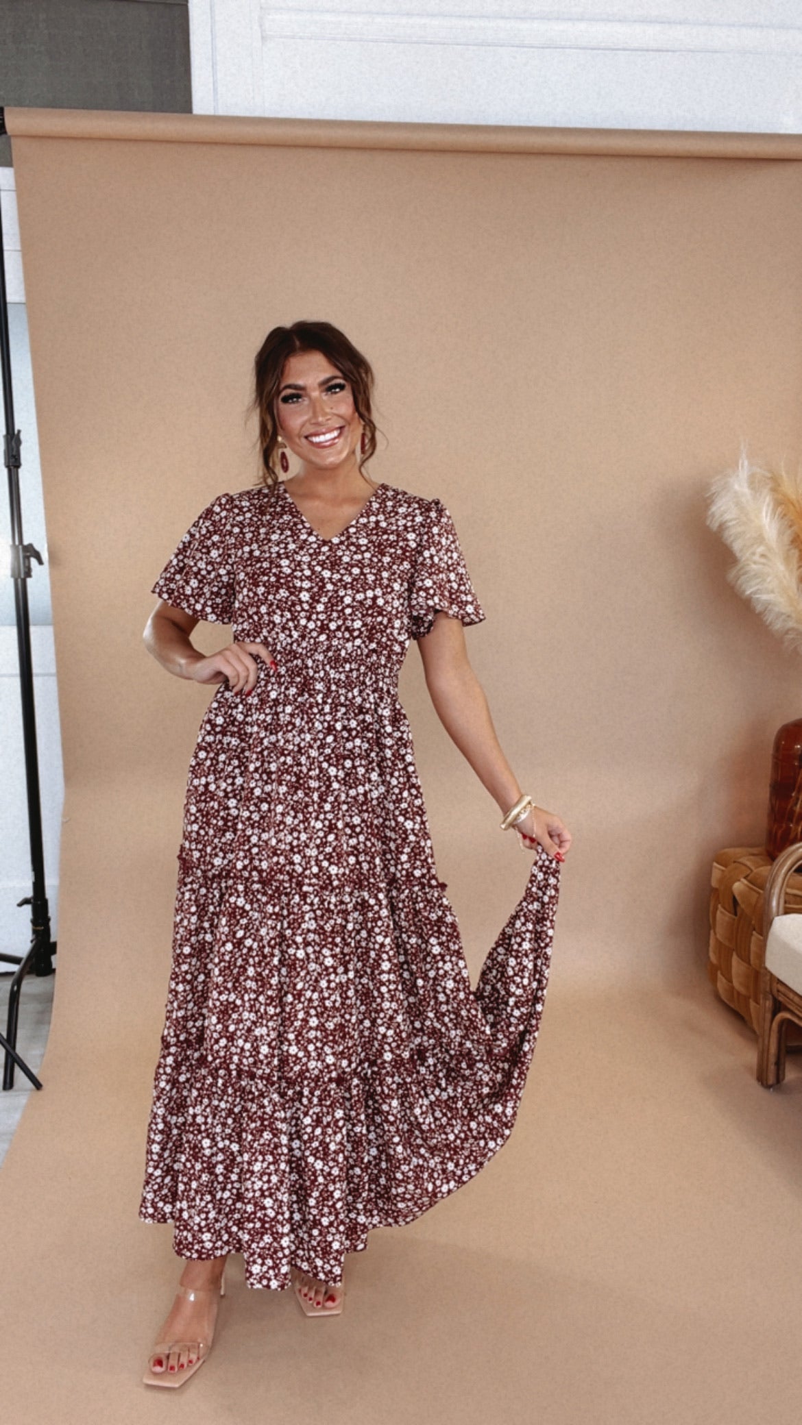 ECB Exclusive: Many Moments Floral Maxi Dress, Wine