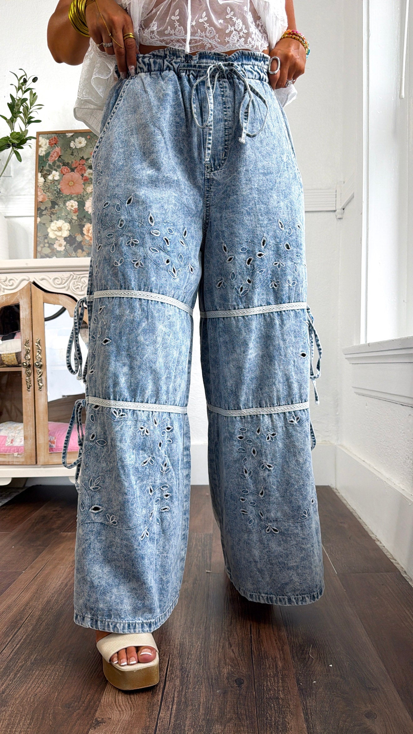 Embroidered Vine Pants, Denim