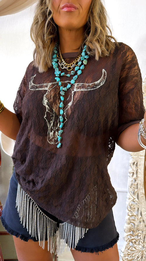 Lace Long Horn Graphic Top, Brown